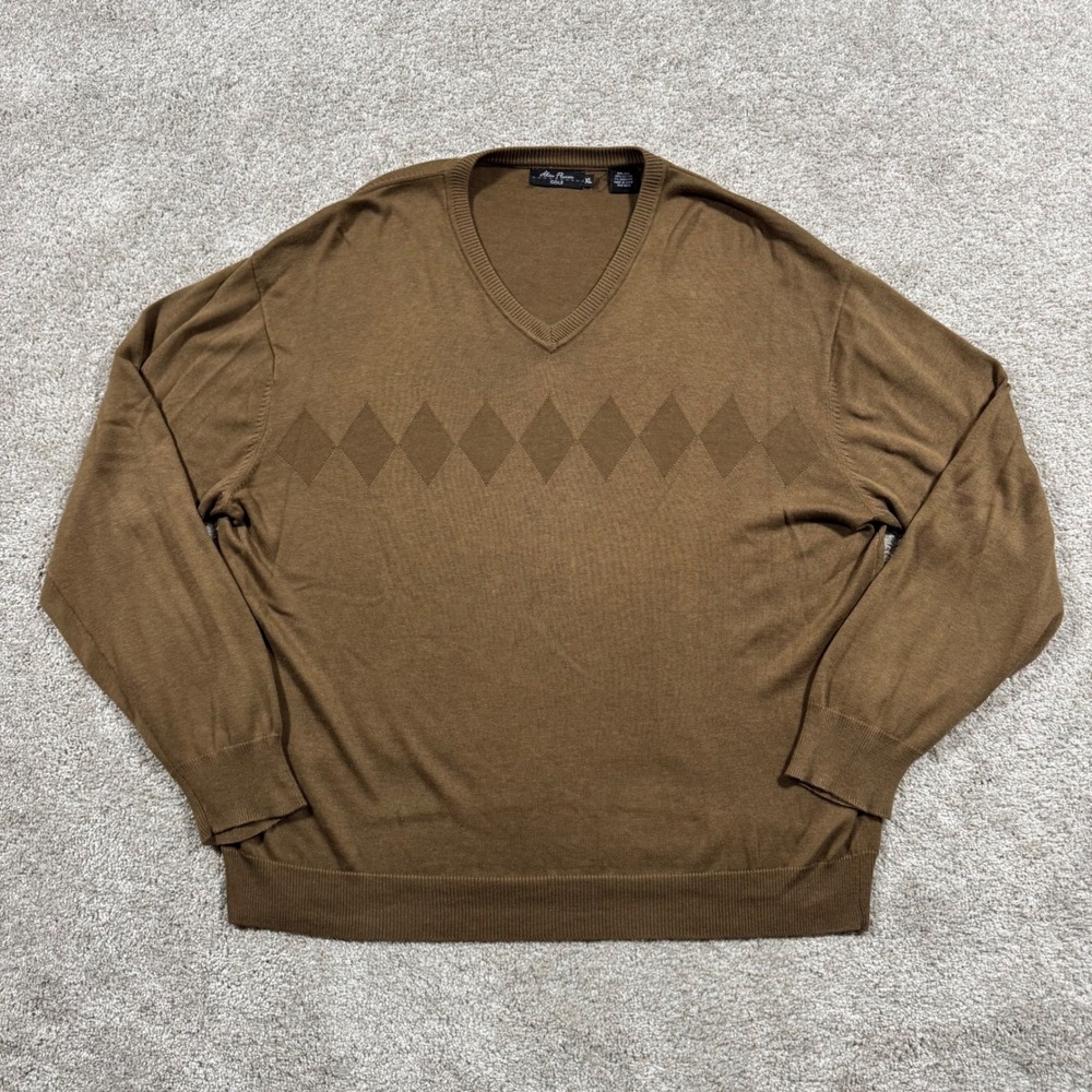 Alan Flusser Golf Mens XL Brown Silk Cotton Cashmere V-Neck Argyle Sweater